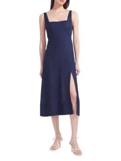 STAUD Rome Seamed Linen Midi Dress