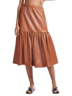 STAUD Orchid Vegan Leather Tiered Midi Skirt Black