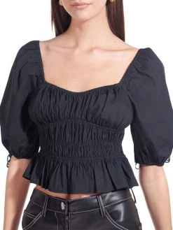 STAUD Faye Gathered Puff-Sleeve Top Black