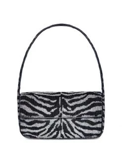 STAUD Tommy Zebra-Stripe Beaded Shoulder Bag Light Blue